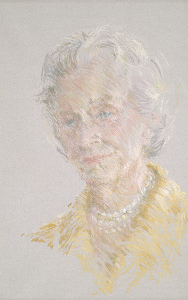 pastel portrait of an older woman in a yellow blouse wearing pearls