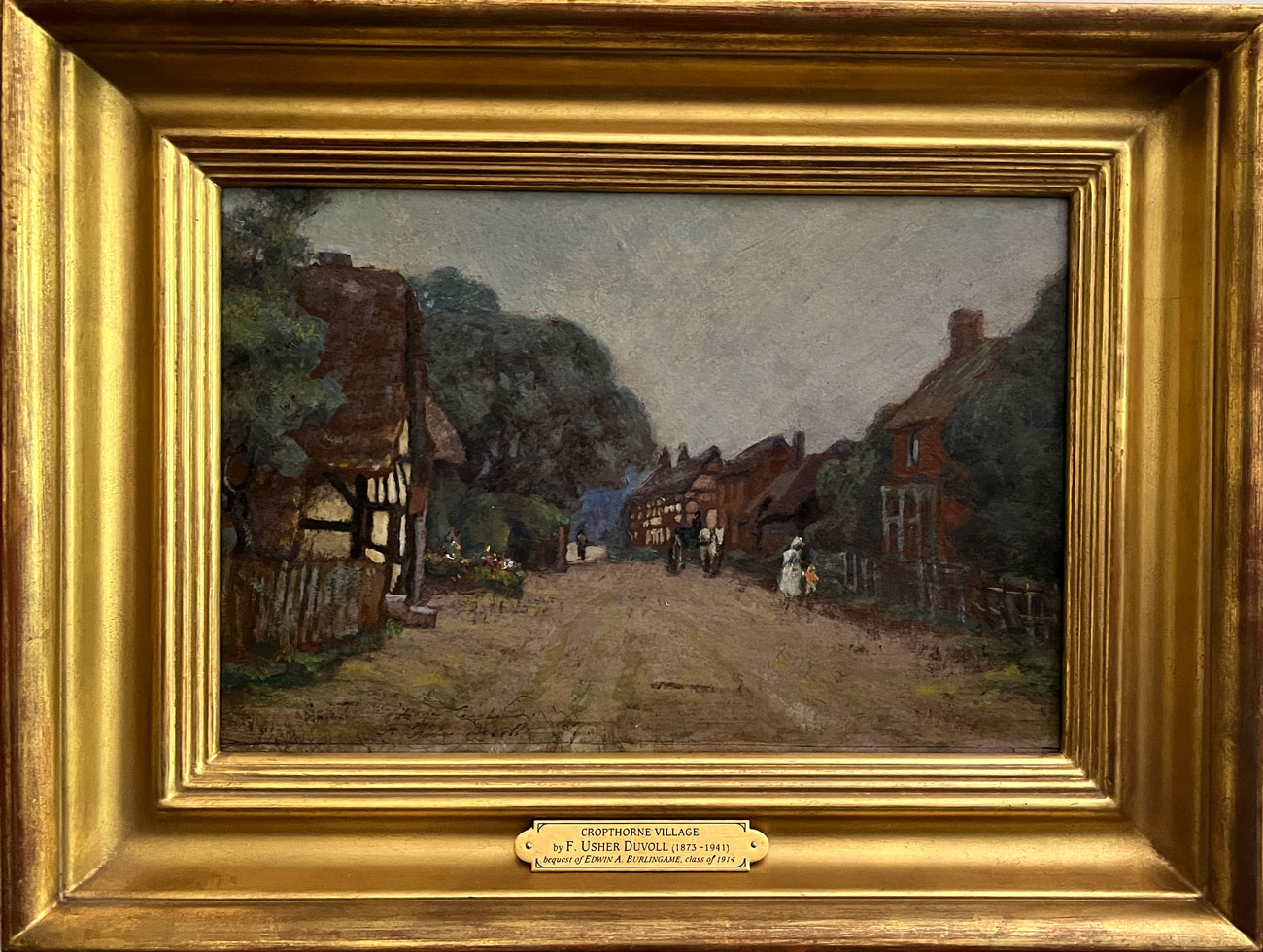 gold framed oil paiting of a rural european village down a dirt road