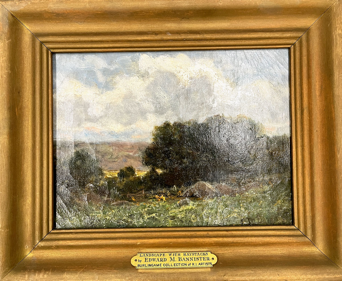 oil painting of a field with haystacks in front of trees and a large sky