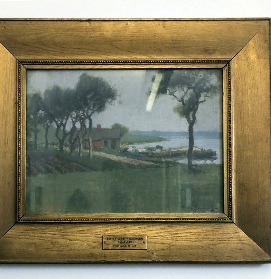 gold framed oil painting of a small boathouse behind a line of trees on a small grassy shore