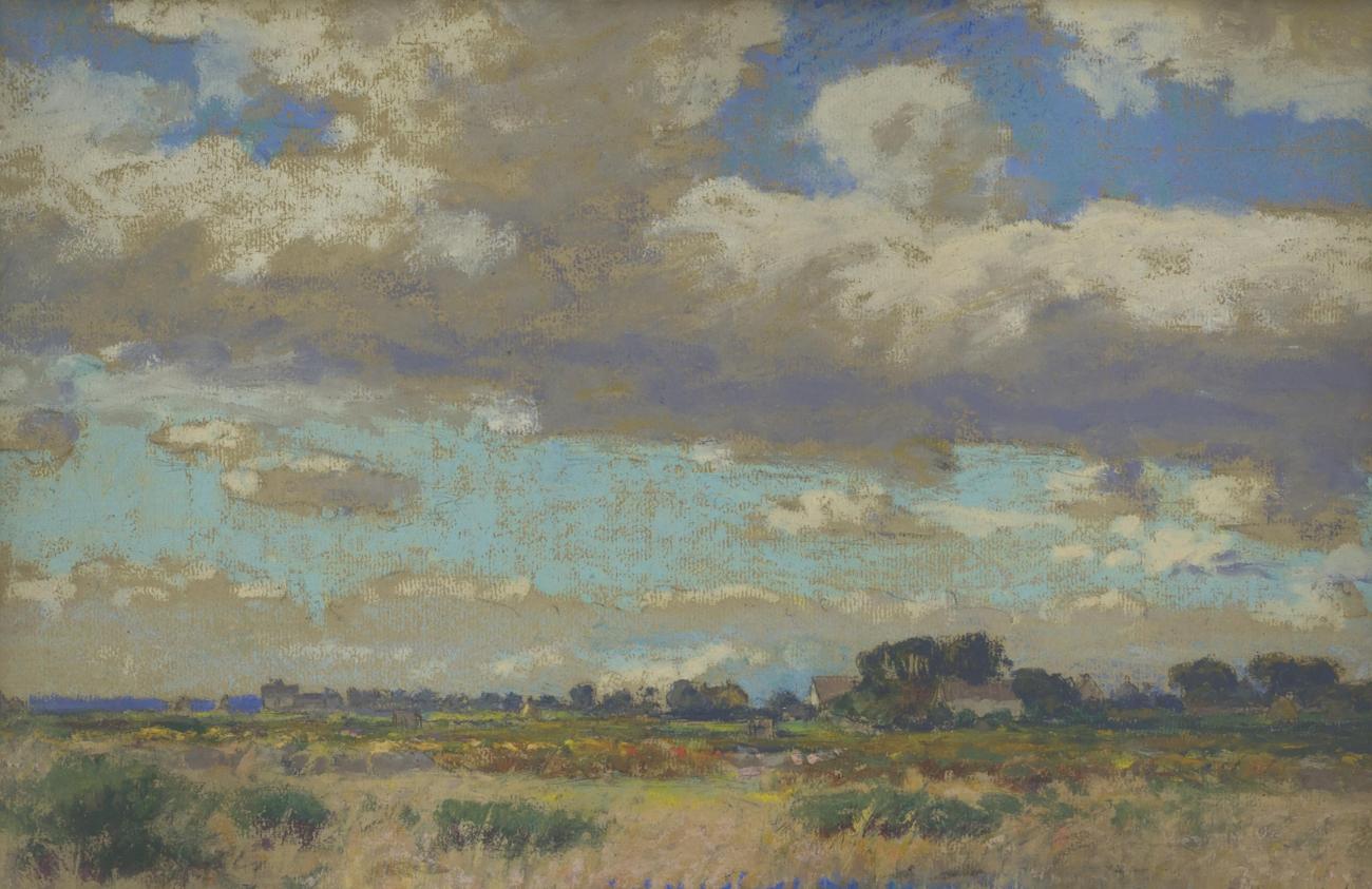 oil pastel of a grassy landscape with cloudy sky