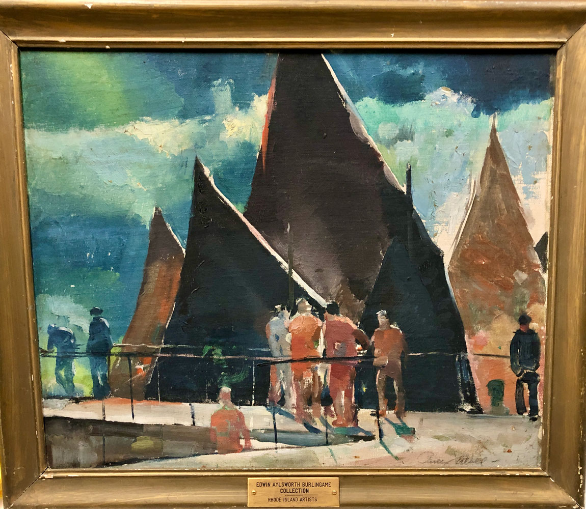 oil painting of sailboats at a dock with a cluster of people in front and a blue sky behind