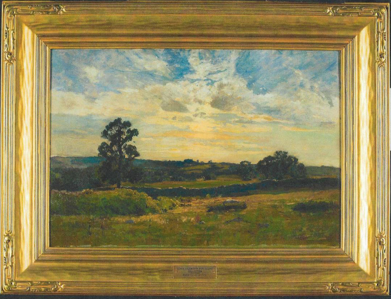 gold framed oil painting of a summer field cut across by a stone wall a single tree and a big sky at sunrise