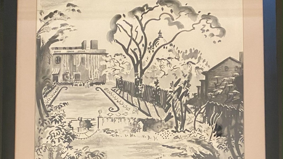 graphic illustration of a stately manor with extensive gardens